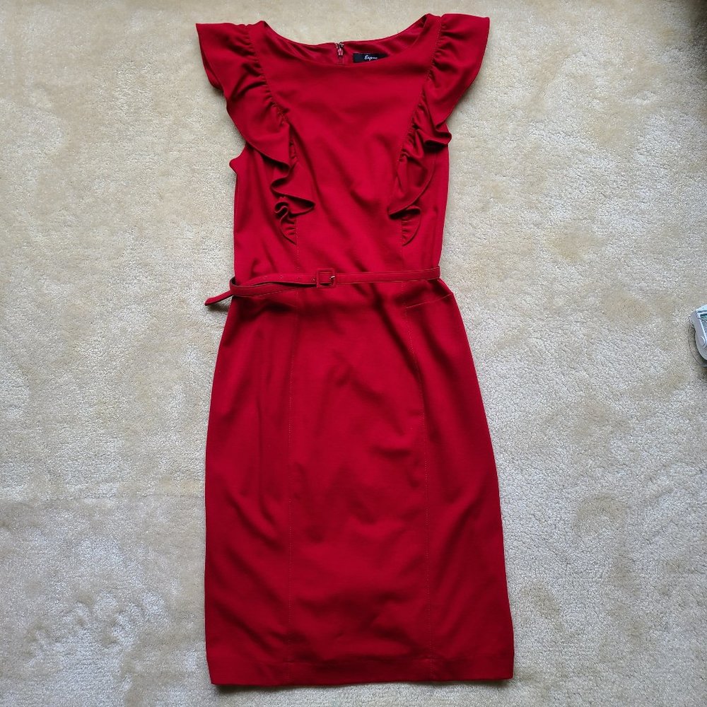 NWT Express Ruffle Belted Sheath Dress Red Size Medium